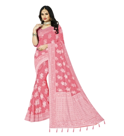Generic Women's Cotton Printed Saree With Unstitched Blouse 5.5Mtr (Peach)