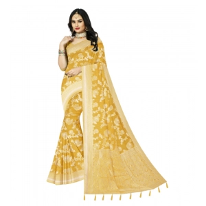 Generic Women's Cotton Printed Saree With Unstitched Blouse 5.5Mtr (Yellow)
