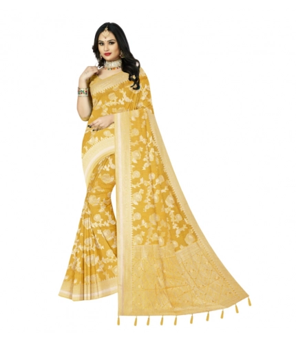 Generic Women's Cotton Printed Saree With Unstitched Blouse 5.5Mtr (Yellow)