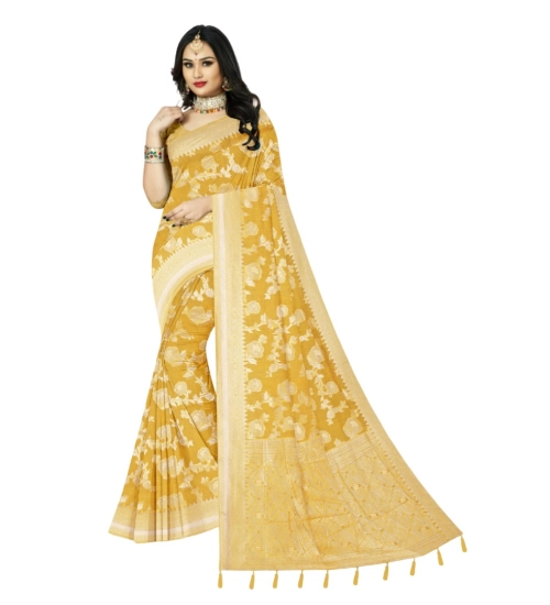 Generic Women's Cotton Printed Saree With Unstitched Blouse 5.5Mtr (Yellow)