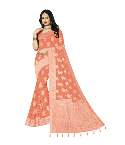 Generic Women's Cotton Printed Saree With Unstitched Blouse 5.5Mtr (Orange)