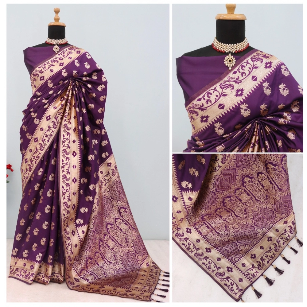 Generic Women's Satin Printed Saree With Unstitched Blouse 5.5Mtr (Purple) Generic Women's Satin Printed Saree With Unstitched Blouse 5.5Mtr (Purple)
