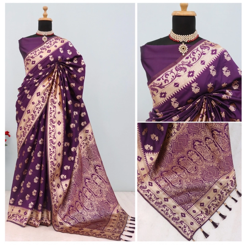 Women's Satin Printed Saree With Unstitched Blouse 5.5Mtr (Purple)