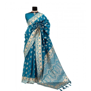 Generic Women's Satin Printed Saree With Unstitched Blouse 5.5Mtr (Aqua Blue)