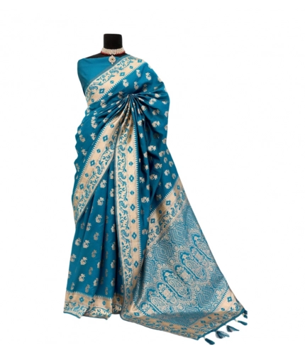 Generic Women's Satin Printed Saree With Unstitched Blouse 5.5Mtr (Aqua Blue)