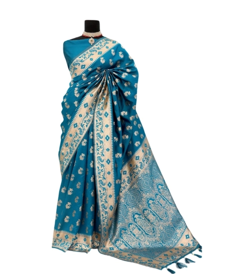 Generic Women's Satin Printed Saree With Unstitched Blouse 5.5Mtr (Aqua Blue)