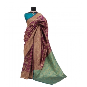 Generic Women's Banarasi Printed Saree With Unstitched Blouse 5.5Mtr (Purple)