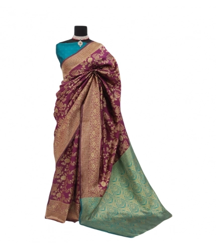Generic Women's Banarasi Printed Saree With Unstitched Blouse 5.5Mtr (Purple)
