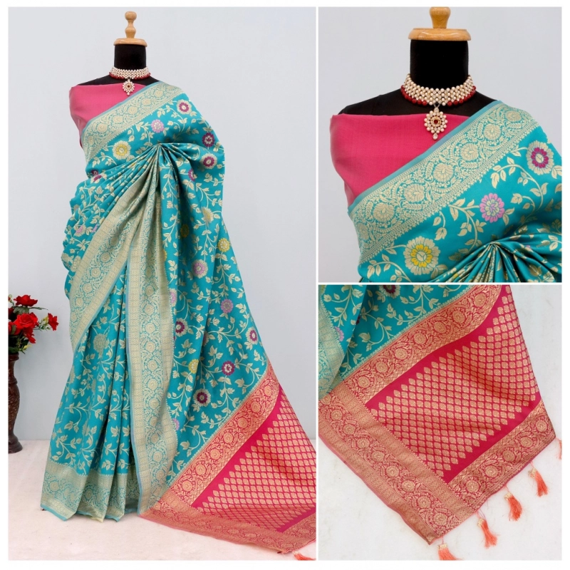 Women's Banarasi Printed Saree With Unstitched Blouse 5.5Mtr (Rama)