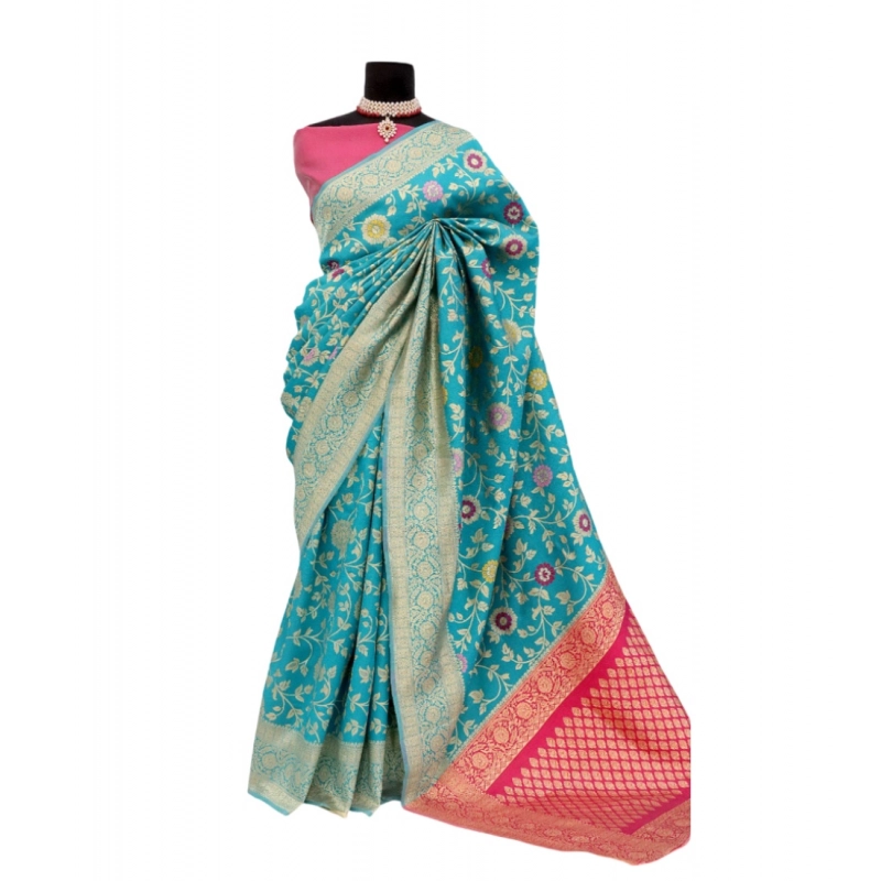 Women's Banarasi Printed Saree With Unstitched Blouse 5.5Mtr (Rama)