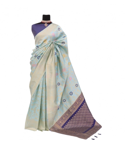 Generic Women's Banarasi Printed Saree With Unstitched Blouse 5.5Mtr (Firozi)