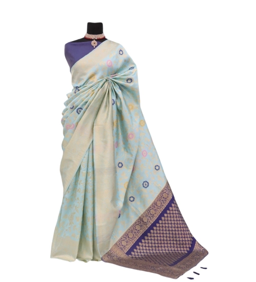Generic Women's Banarasi Printed Saree With Unstitched Blouse 5.5Mtr (Firozi)