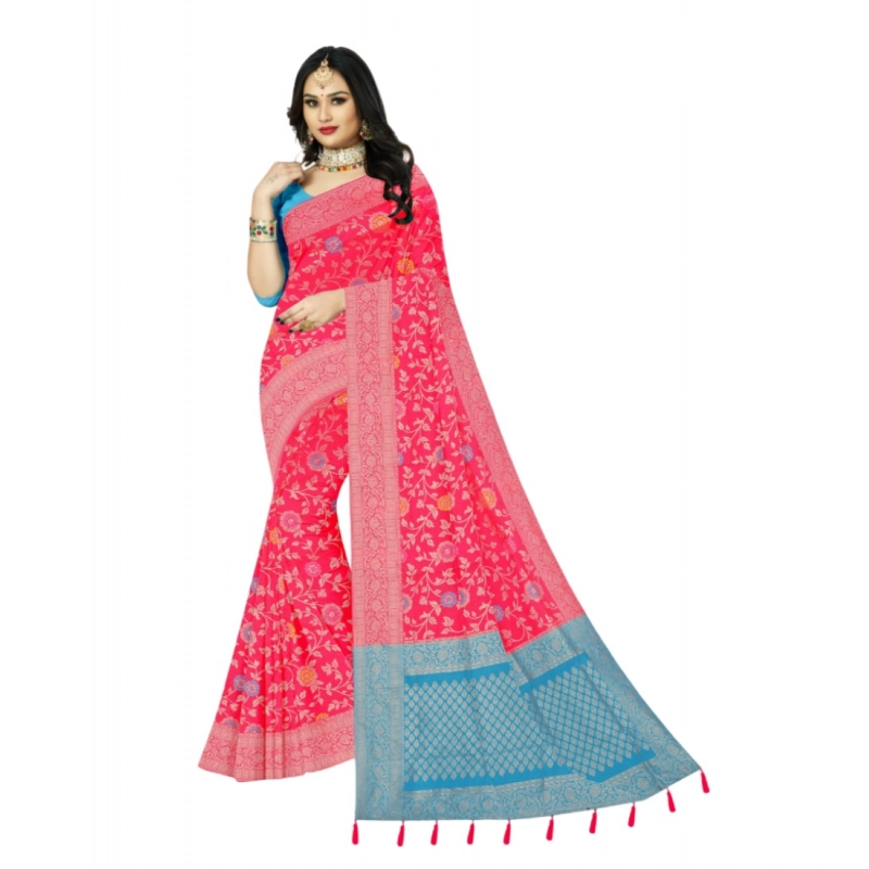 Women's Banarasi Printed Saree With Unstitched Blouse 5.5Mtr (Rani)