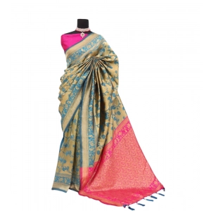 Generic Women's Banarasi Printed Saree With Unstitched Blouse 5.5Mtr (Golden)