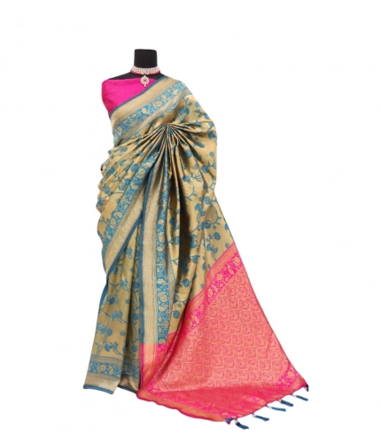 Generic Women's Banarasi Printed Saree With Unstitched Blouse 5.5Mtr (Golden)