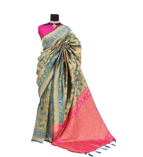 Generic Women's Banarasi Printed Saree With Unstitched Blouse 5.5Mtr (Golden)