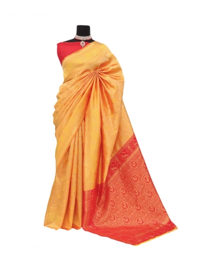 Generic Women's Banarasi Printed Saree With Unstitched Blouse 5.5Mtr (Yellow)
