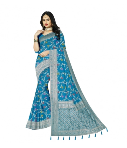 Generic Women's Banarasi Printed Saree With Unstitched Blouse 5.5Mtr (Aqua Blue)