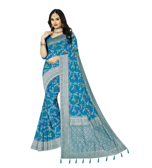 Generic Women's Banarasi Printed Saree With Unstitched Blouse 5.5Mtr (Aqua Blue)
