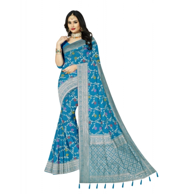 Women's Banarasi Printed Saree With Unstitched Blouse 5.5Mtr (Aqua Blue)