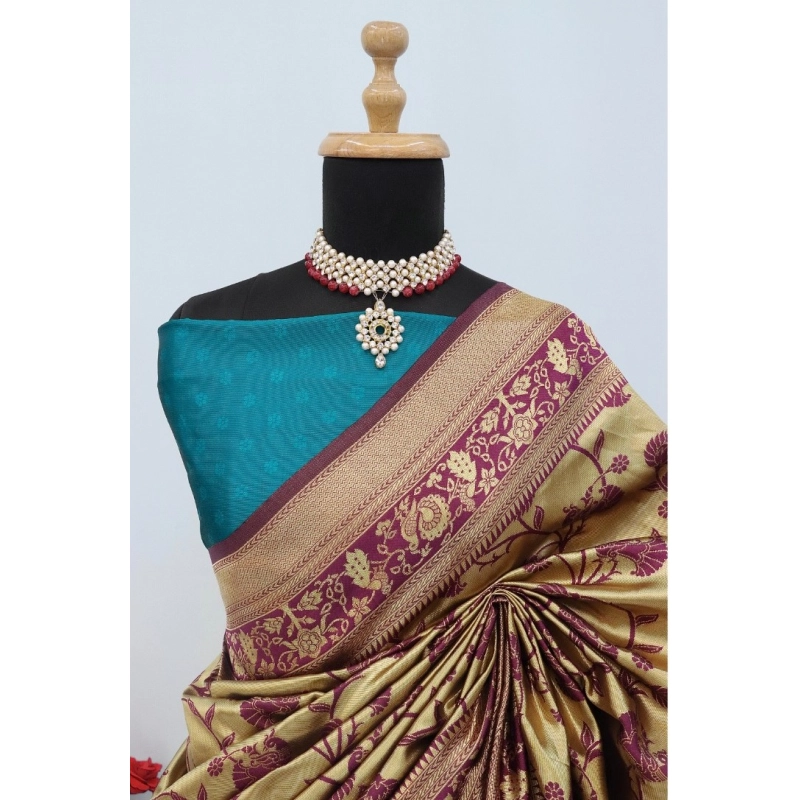 Women's Banarasi Printed Saree With Unstitched Blouse 5.5Mtr (Goldan)