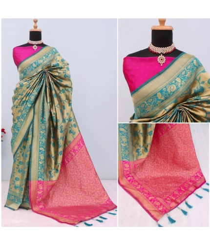 Generic Women's Banarasi Printed Saree With Unstitched Blouse 5.5Mtr (Golden)