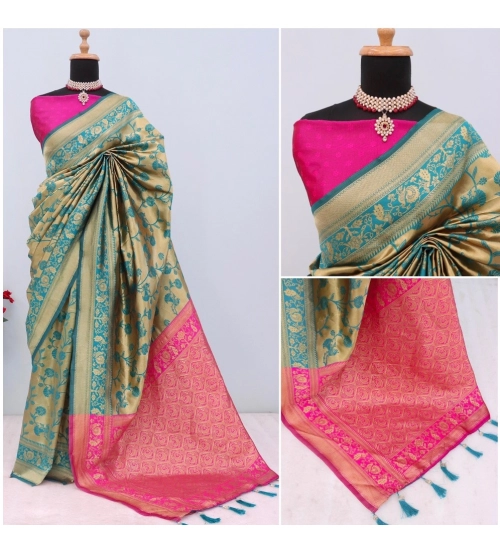 Generic Women's Banarasi Printed Saree With Unstitched Blouse 5.5Mtr (Golden)