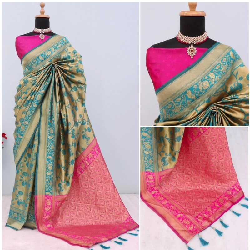 Women's Banarasi Printed Saree With Unstitched Blouse 5.5Mtr (Goldan)