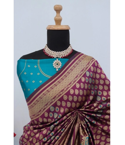 Generic Women's Banarasi Printed Saree With Unstitched Blouse 5.5Mtr (Purple)