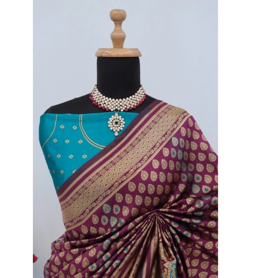 Generic Women's Banarasi Printed Saree With Unstitched Blouse 5.5Mtr (Purple)