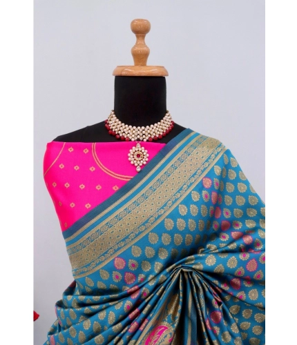 Generic Women's Banarasi Printed Saree With Unstitched Blouse 5.5Mtr (Aqua Blue)