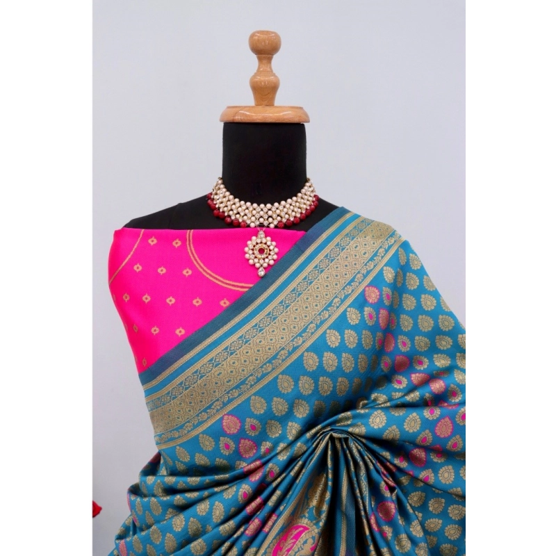 Women's Banarasi Printed Saree With Unstitched Blouse 5.5Mtr (Aqua Blue)