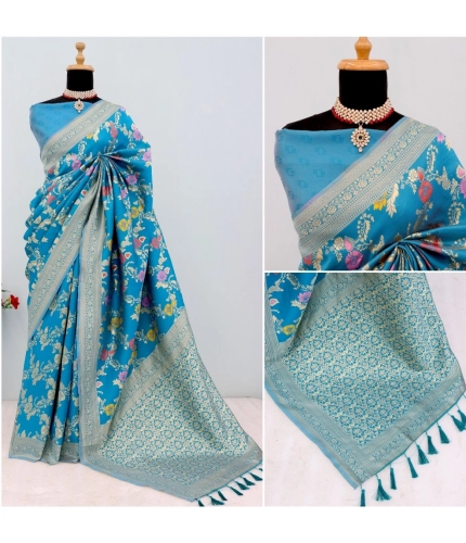 Generic Women's Banarasi Printed Saree With Unstitched Blouse 5.5Mtr (Aqua Blue)