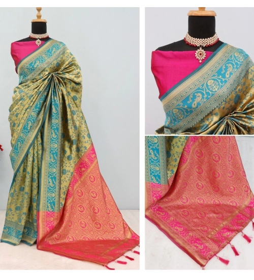 Generic Women's Banarasi Printed Saree With Unstitched Blouse 5.5Mtr (Golden)