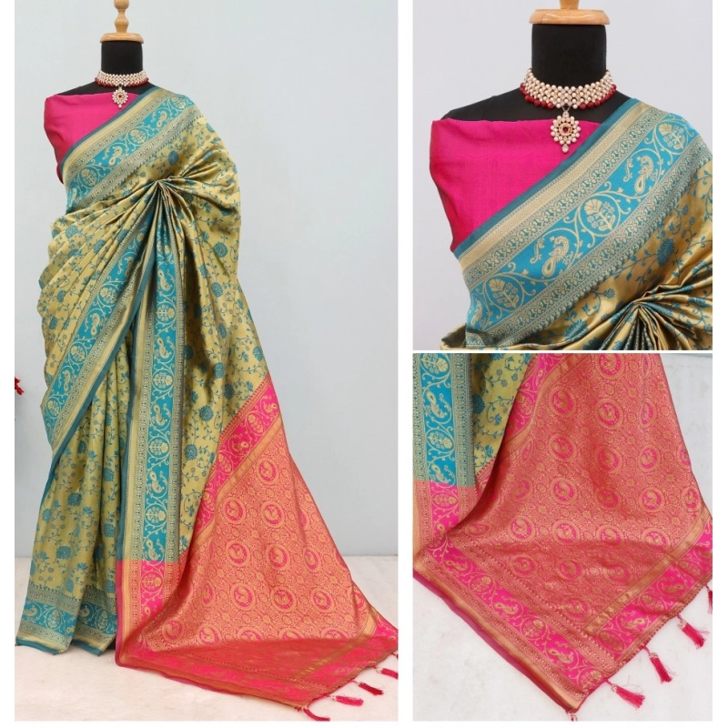 Women's Banarasi Printed Saree With Unstitched Blouse 5.5Mtr (Goldan)