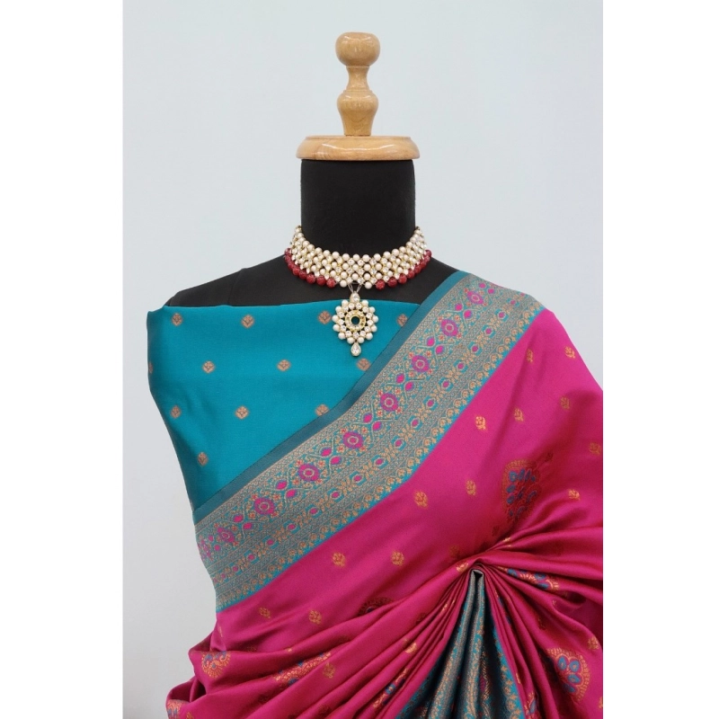 Women's Banarasi Printed Saree With Unstitched Blouse 5.5Mtr (Rani) Women's Banarasi Printed Saree With Unstitched Blouse 5.5Mtr (Rani)