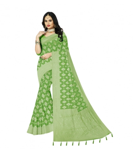 Generic Women's Cotton Printed Saree With Unstitched Blouse 5.5Mtr (Green)