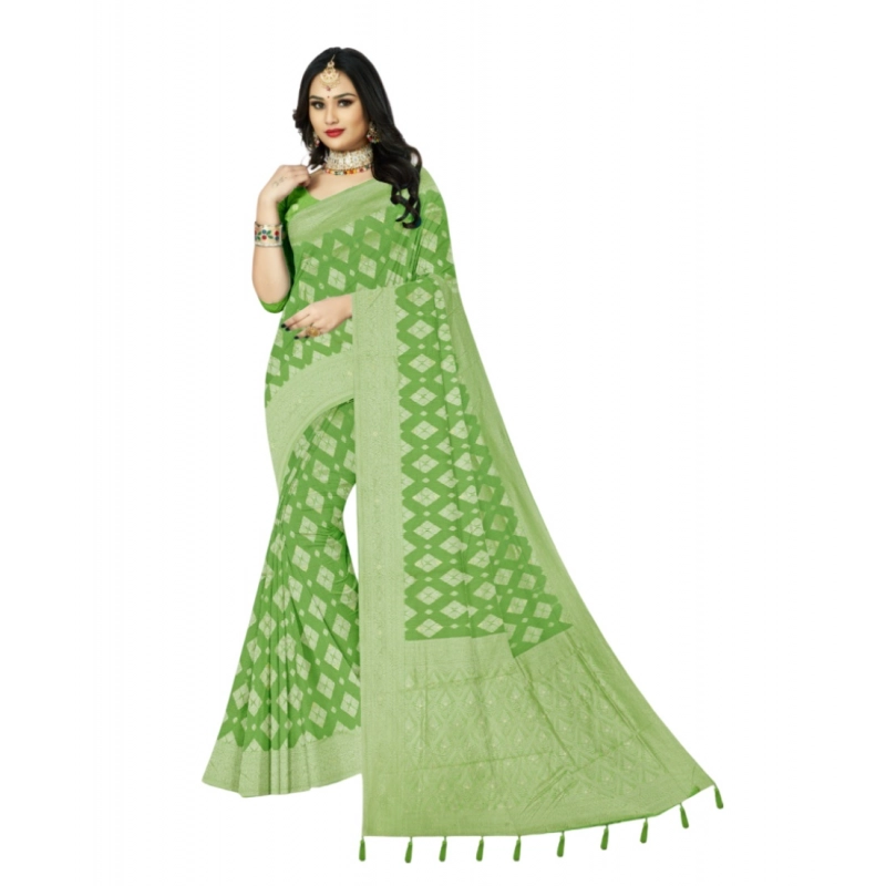 Women's Cotton Printed Saree With Unstitched Blouse 5.5Mtr (Green)