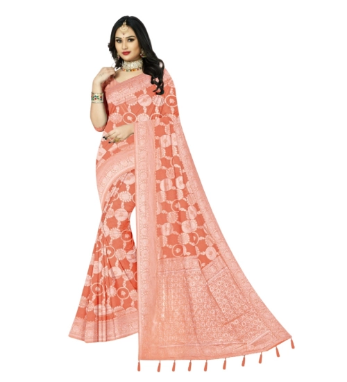 Generic Women's Cotton Printed Saree With Unstitched Blouse 5.5Mtr (Orange)