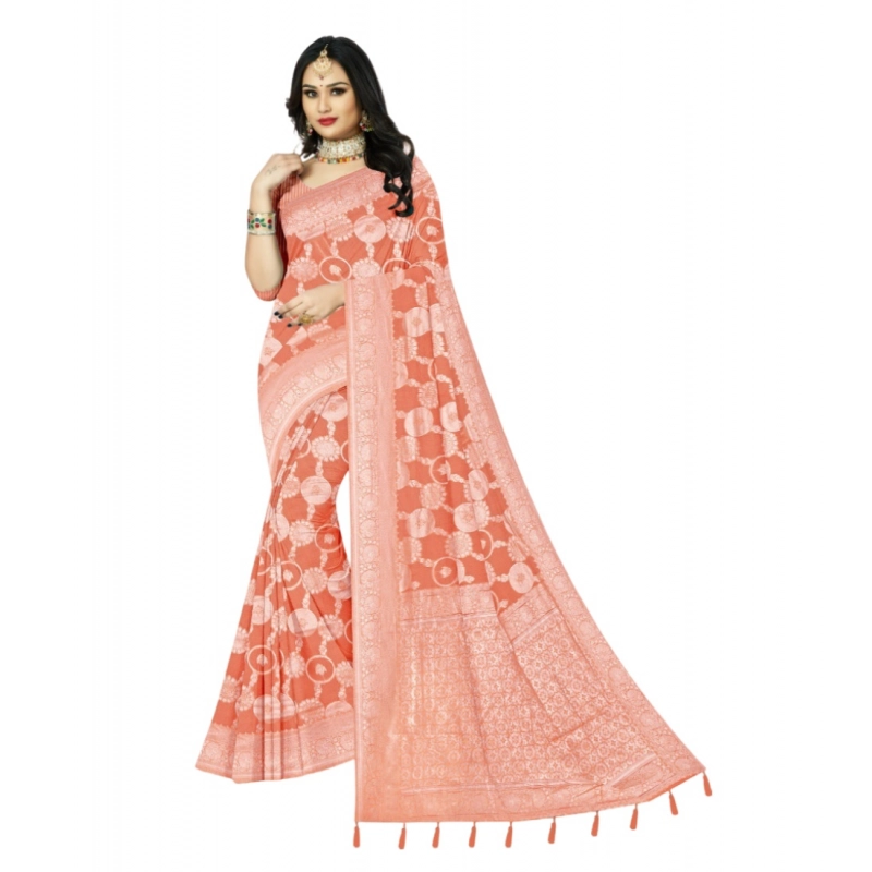 Women's Cotton Printed Saree With Unstitched Blouse 5.5Mtr (Orange)