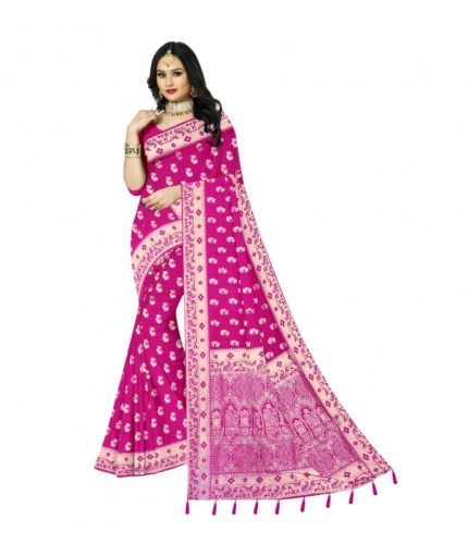 Generic Women's Satin Printed Saree With Unstitched Blouse 5.5Mtr (Rani)
