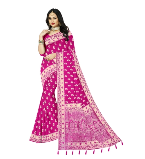 Generic Women's Satin Printed Saree With Unstitched Blouse 5.5Mtr (Rani)