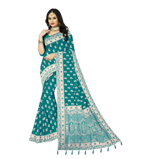 Generic Women's Satin Printed Saree With Unstitched Blouse 5.5Mtr (Rama)