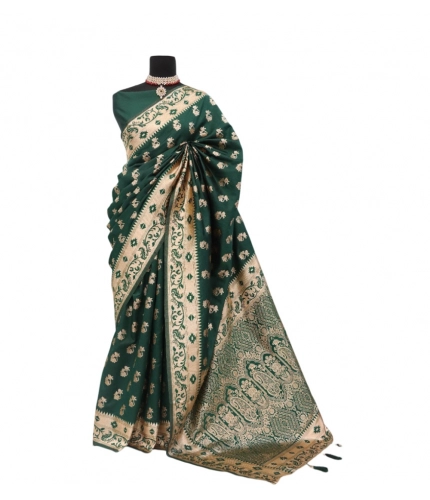 Generic Women's Satin Printed Saree With Unstitched Blouse 5.5Mtr (Green)
