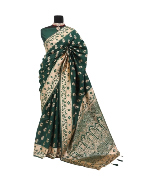 Generic Women's Satin Printed Saree With Unstitched Blouse 5.5Mtr (Green)