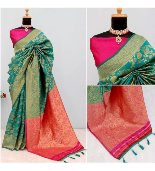 Generic Women's Banarasi Printed Saree With Unstitched Blouse 5.5Mtr (Rama)