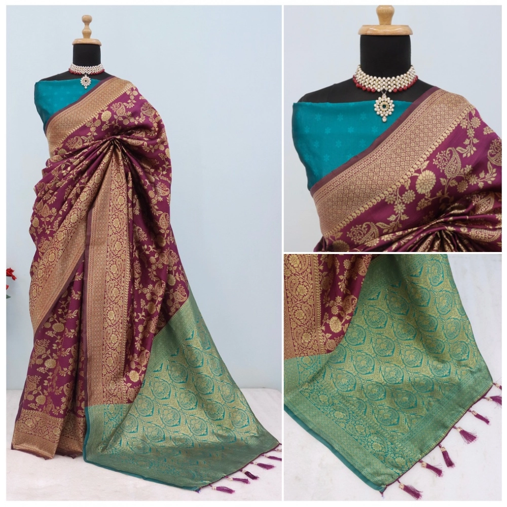Generic Women's Banarasi Printed Saree With Unstitched Blouse 5.5Mtr (Purple) Generic Women's Banarasi Printed Saree With Unstitched Blouse 5.5Mtr (Purple)