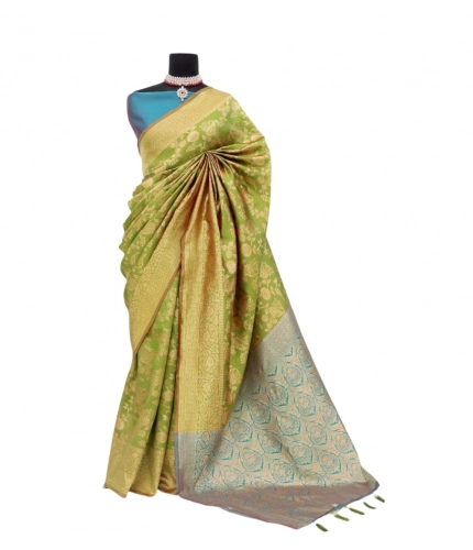 Generic Women's Banarasi Printed Saree With Unstitched Blouse 5.5Mtr (Mehendi Green)