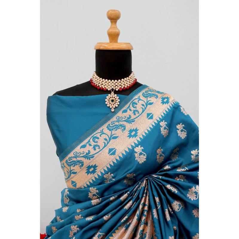 Women's Satin Printed Saree With Unstitched Blouse 5.5Mtr (Aqua Blue)