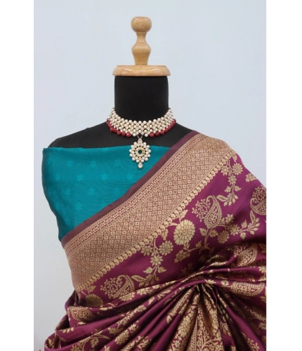 Generic Women's Banarasi Printed Saree With Unstitched Blouse 5.5Mtr (Purple)